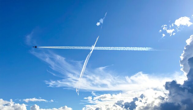 Airplane contrails crisscrossing a partly cloudy sky
