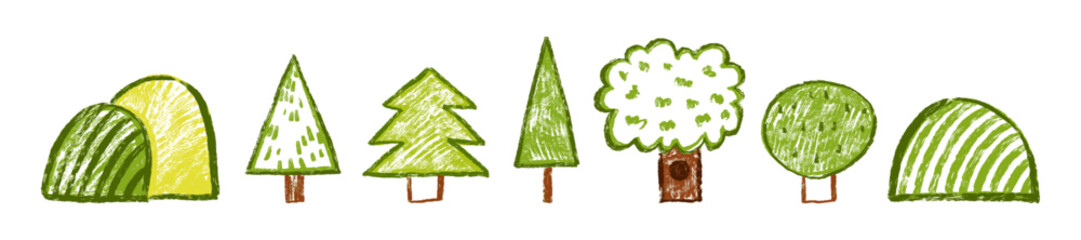 Kids tree doodle, hand drawn naive forest cartoon illustration, hand drawn wax crayon texture print. Green landscape childish playful clipart nature minimal icon set. Simple tree doodle design graphic