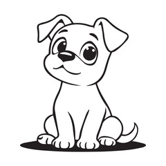 Adorable Cartoon Puppy Dog Sitting, Black and White Line Drawing