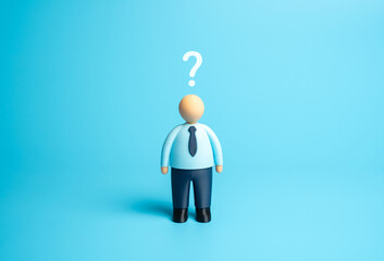 Business worker with a question mark. Unemployed looking for work. Start a new career. Open your own business. Fair wages. Worker's rights. Career planning and opportunities.