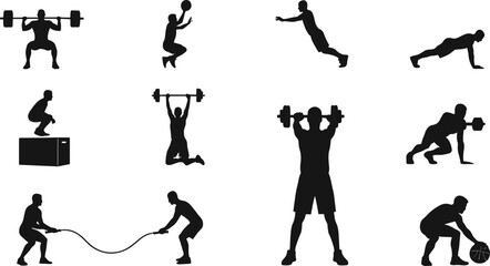 Fitness exercise silhouette, black vector illustration, workout poses, strength training, gym activity, athletic movement, minimal style, white background, functional fitness