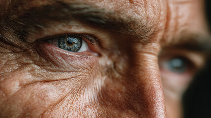 A close up view of a person"s eye and facial wrinkles.