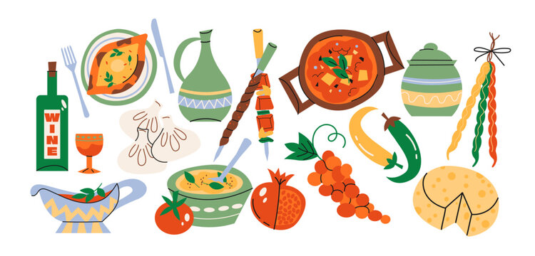 Georgian cuisine eat in retro cartoon style. Culinary elements: khinkali, khachapuri, wine, cheese. Traditional Georgian food illustration with dishes and ingredients, funky doodle style. vector food
