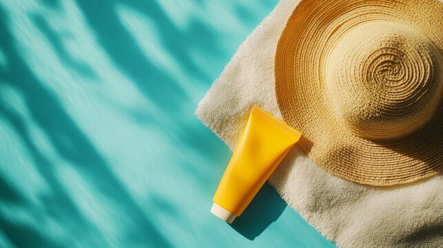 Beach vacation necessities including sunscreen, straw hat, and white towel on turquoise water background, emphasizing sun protection and relaxation