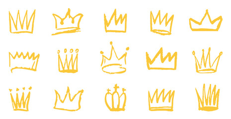 Crown ink crayon pencil hand drawn doodle scribble set. Line freehand splash royal jewel. Charcoal textured dry brush collection. illustration