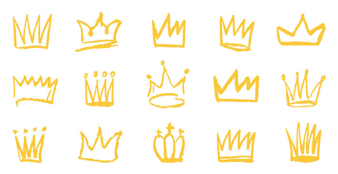 Crown ink crayon pencil hand drawn doodle scribble set. Line freehand splash royal jewel. Charcoal textured dry brush collection. illustration