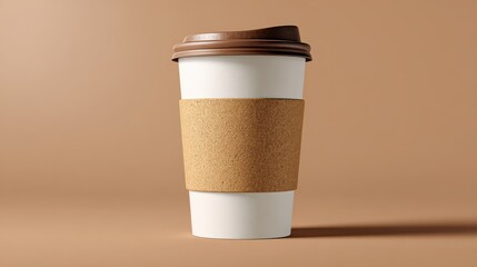 a white takeaway coffee cup with a brown cardboard sleeve and lid standing against a warm neutral background