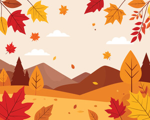 Flat Design Fall Scenery with Mountains and Trees