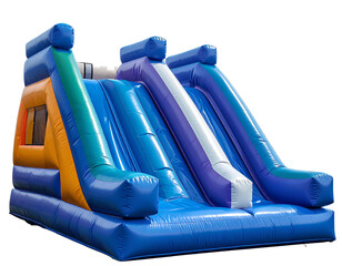 Colorful inflatable bounce house slide on a transparent background