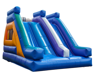 Colorful inflatable bounce house slide on a transparent background