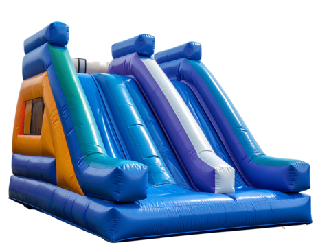 Colorful inflatable bounce house slide on a transparent background