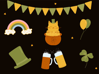 Saint Patrick's Day flat icons set on black background. Modern irish symbols in cartoon style. Colored vector illustration