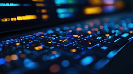 Close up view of computer keyboard glowing with digital elements