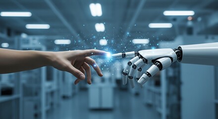 Human and AI hands reaching out in a modern laboratory, symbolizing technological innovation, future science, and the connection between humanity and technology