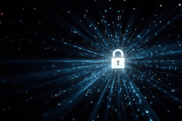A glowing blue lock symbol surrounded by radiant light rays against a black background, embodying the concept of cyber security in a digital network environment.