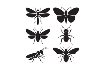 Collection of silhouetted insects including butterflies moths and wasps
