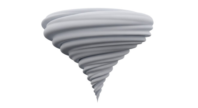 A swirling, three-dimensional rendering of a gray tornado isolated against a white background.