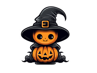 Cute Halloween Pumpkin Character in Witch Hat

