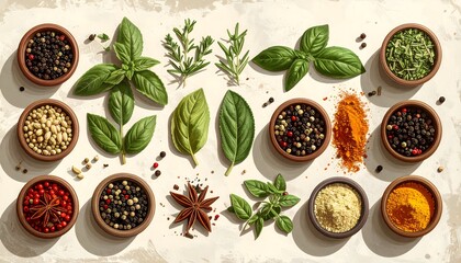 Botanical flat lay illustration of herbs and spices