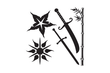 Collection of stylized japanese weapons and symbols in black silhouette