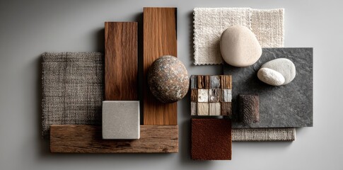 Explore a soft color palette with a mood board featuring wood, fabric, and stone samples arranged on a gray background, perfect for inspiring interior design projects.