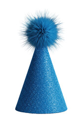 Vibrant blue party hat with iridescent glitter, soft pom-pom, subtle tear, isolated on gray studio background. Low-angle macro, dramatic lighting, commercial product showcase