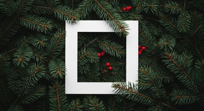 Minimalist white frame on dark green christmas tree branches with red berries - Powered by Adobe