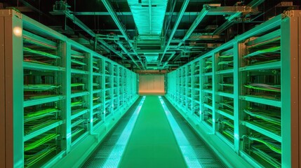 A green lit data center interior showing rows of servers
