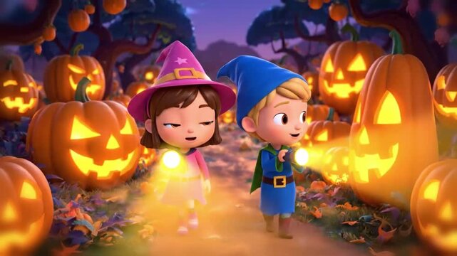cute animation of children exploring a magical jack o lantern pumpkin patch with flashlights, the patch glowing like a fairytale under starlit skies