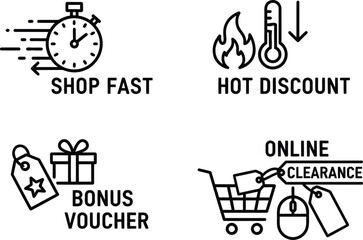 Naklejka premium Vector art of shop fast, hot discount, and bonus voucher graphics