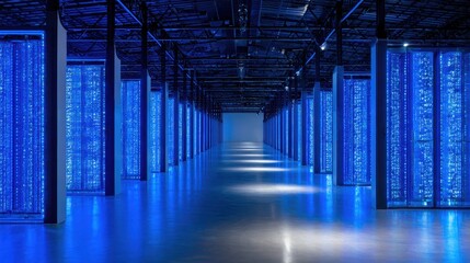 A long blue data center hallway with bright lighting