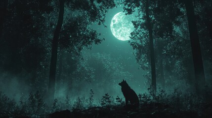 Enchanting wolf silhouette gazing at a radiant full moon in a misty, dark forest illuminated by ethereal moonlight, perfect for fantasy book covers or mystical themed projects