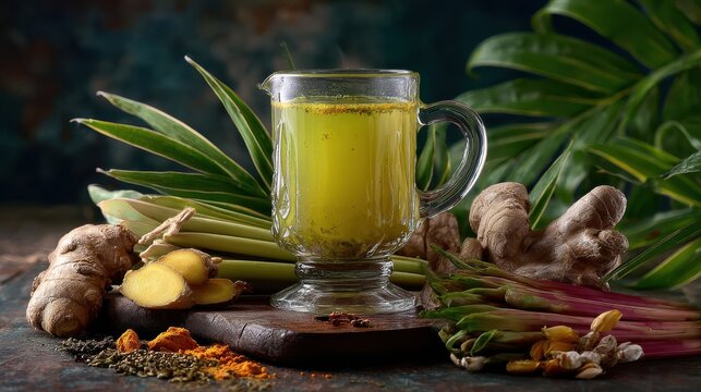 a traditional indonesian jamu herbal drink served in a classic transparent glass surrounded by fresh ingredients like turmeric ginger and lemongrass on a rustic wooden table
