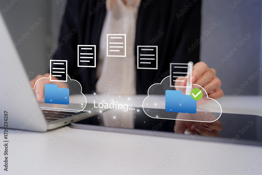 Wall mural business professional managing digital data files using cloud technology for seamless information tr