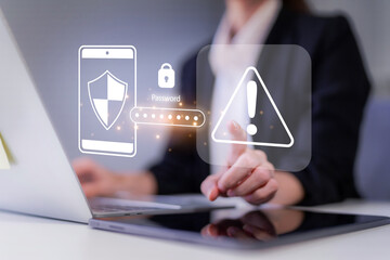 Business professional secures digital data online. User identifies internet security password threat warning.