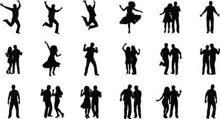 Silhouette people, dancing pose, jumping figure, expressive movement, black outline, human gesture, active lifestyle, vector art, white background, celebration