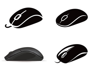 Varied designs of a computer mouse displayed from multiple angles, highlighting the shape and features of the device. The images show both silhouette and realistic depictions.