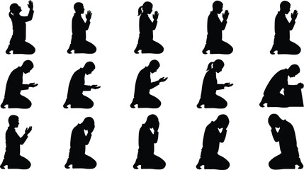 Prayer silhouette, kneeling figure, spiritual pose, emotional gesture, black vector, meditation icon, faith expression, white background, side profile, devotion
