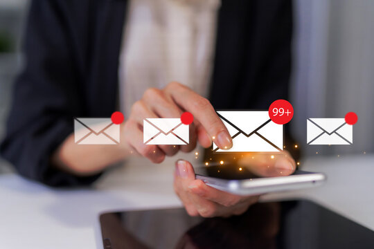 Professional manages abundant email messages notifications smartphone displaying high volume communication from digital inbox daily work - Powered by Adobe