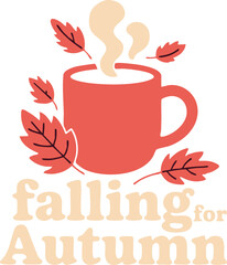 Whimsical design of a coffee mug with steam and falling autumn leaves, paired with the text Falling for Autumn, perfect for cozy seasonal projects and fall-themed designs