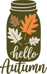 Mason Jar with Autumn Leaves and Hello Autumn Text