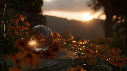 Crystal Ball Among Autumn Flowers At Sunset