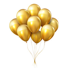 Bunch of golden balloons isolated on transparent background for party decoration