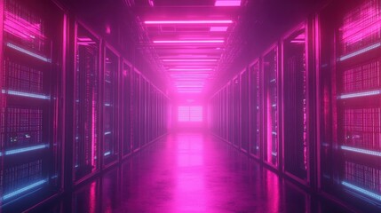Fototapeta premium A neon pink server room hallway with bright lights