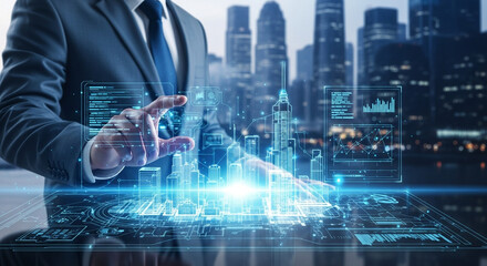 Businessman using digital city model with futuristic technology interface