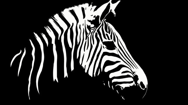 Striking black and white zebra head illustration. Artistic profile view with bold, contrasting stripes against a dark background, showcasing unique pattern.