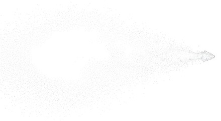 A Photorealistic Depiction of a Light Gray and White Water Mist Plume Suspended Against a Pure White Background, Highlighting the Delicate Dynamics of Airborne Particles and Translucent Spheres.