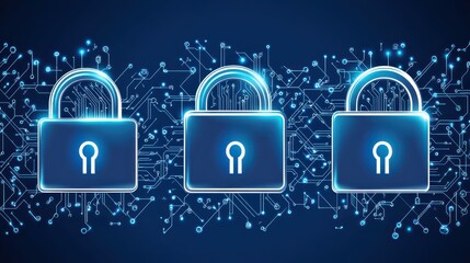 Cybersecurity concept with padlocks and digital network background