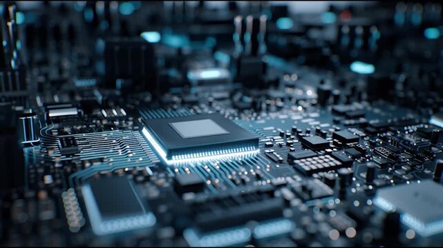 A close-up of a microchip on a circuit board, showcasing intricate electronic components and connections illuminated by soft blue light.