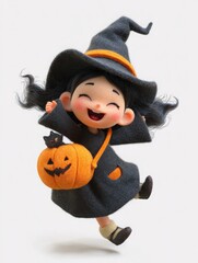 Cute 3D Kawaii Witch with Pumpkin and Broom – Adorable Halloween Illustration